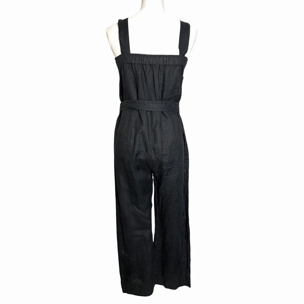 Quince European Linen Jumpsuit XS Black Square Neck Belted Minimalist Travel